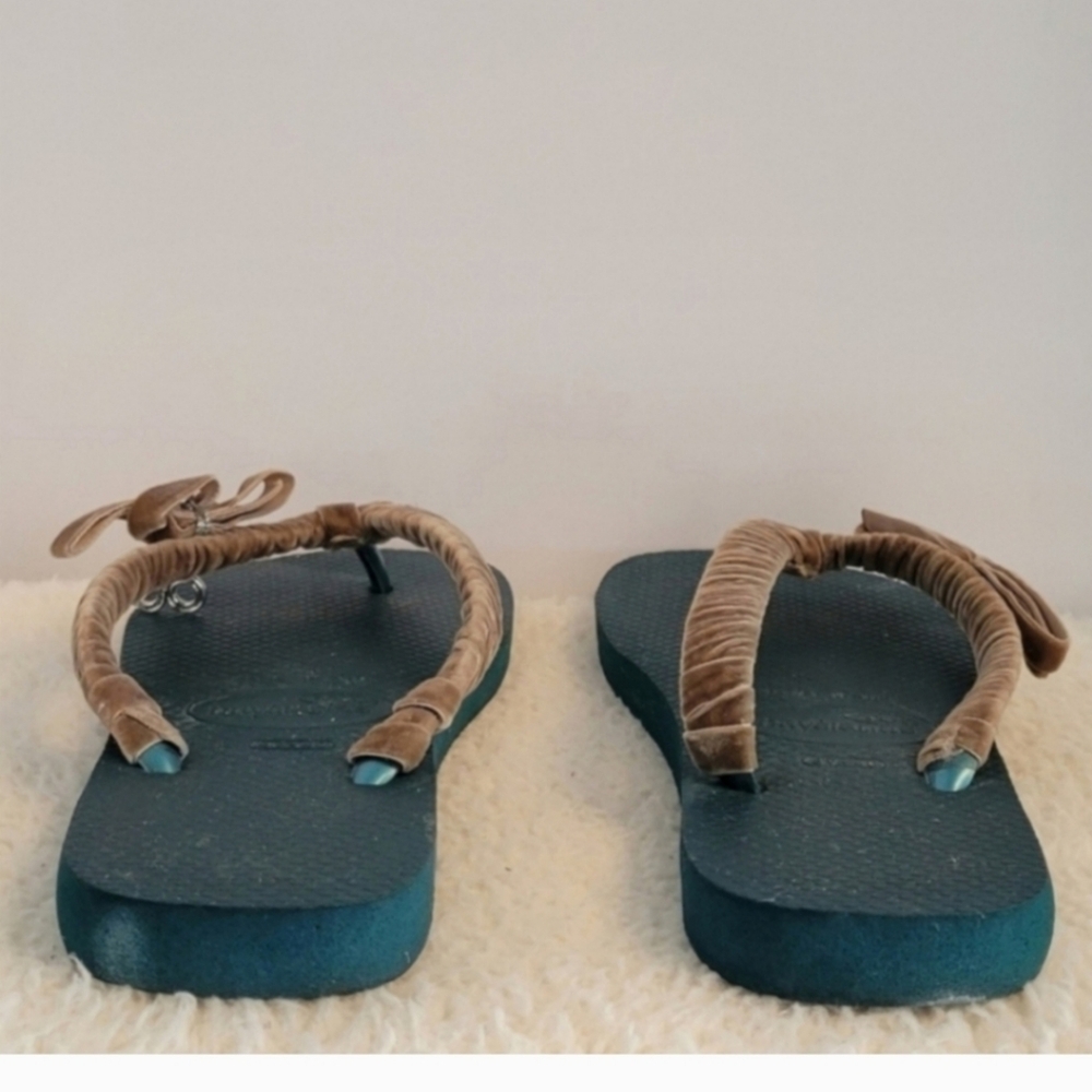 HAVAIANAS Green Tan Flip Flop Thong Sandals Size 7/8 - Picture 3 of 10